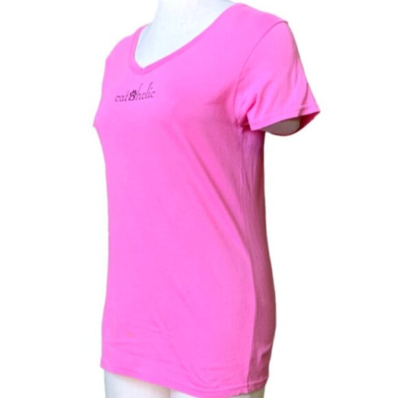 Gildan Cotton Pink V-Neck Short Sleeve Novelty T-shirt "cat-holic" S M #77A - Picture 3 of 9